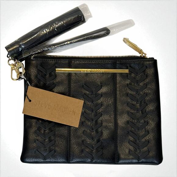 Steve Madden Black Whipstitch Wristlet Zip Pouch Boho Tassel NWT Casual Handbag - Picture 1 of 6